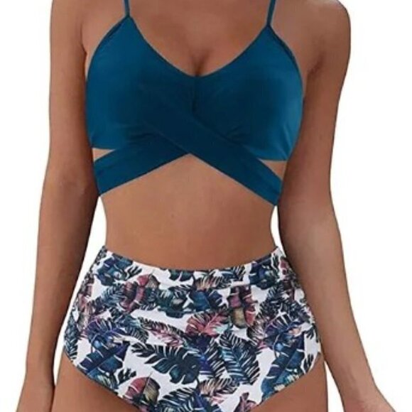 CRISS CROSS TROPICAL TWO-PIECE SEXY HIGH WAIST SWIMSUIT - Picture 5 of 12